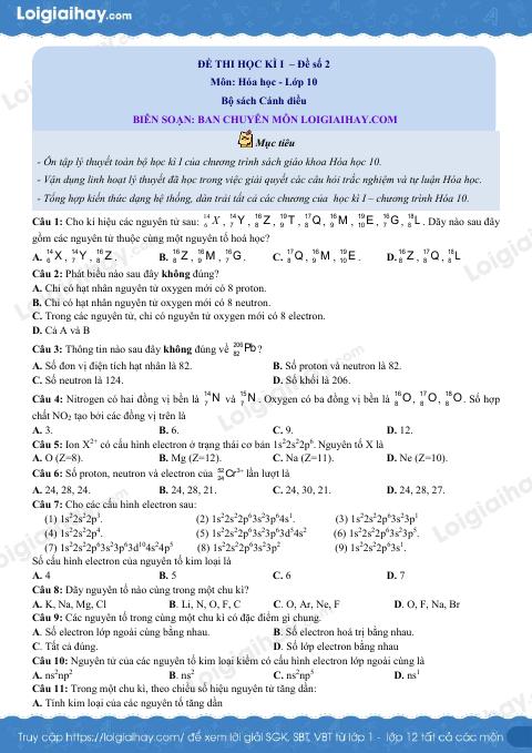 Đề thi học kì 1 Hóa 10 Cánh diều - Đề số 2